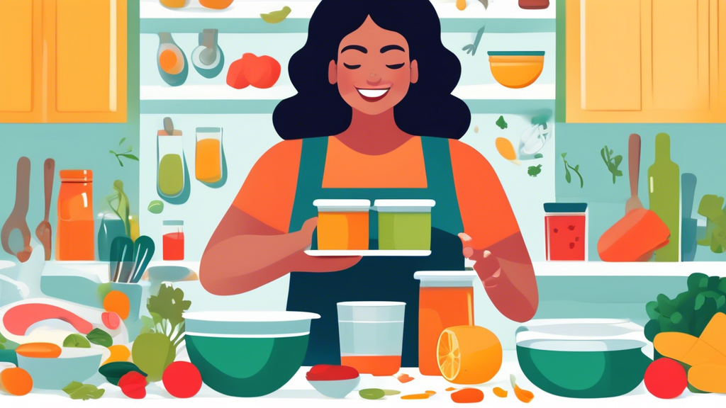 Create an image of a person happily using a variety of portion control tools such as measuring cups, kitchen scale, and portion containers while preparing a healthy meal in a well-organized kitchen setting. The scene should convey a sense of mindfuln