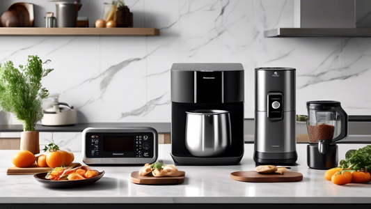 Create an image of a modern kitchen filled with versatile kitchen appliances that cater to multitasking chefs, showcasing a variety of sleek and innovative tools such as a multicooker, food processor, air fryer, blender, and espresso machine seamless