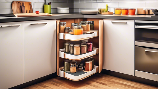 Create an image of a kitchen cabinet with clever storage solutions like pull-out shelves, rotating corner shelves, spice racks, and hanging organizers, showcasing efficient and innovative ways to maximize storage space in the kitchen.