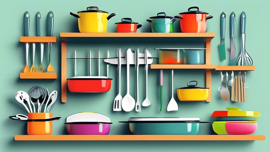 Create an image of a compact kitchen with cleverly designed space-saving kitchenware such as stackable pots and pans, foldable cutting boards, multipurpose utensils, and a collapsible drying rack, all neatly organized to maximize functionality in a s