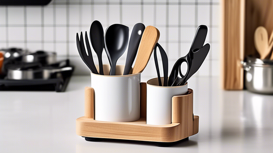 Create an image of a compact utensil holder designed for small kitchens. The utensil holder should be space-saving, efficient, and stylish, showcasing a variety of cooking tools neatly organized in a sleek and modern design. The image should emphasiz