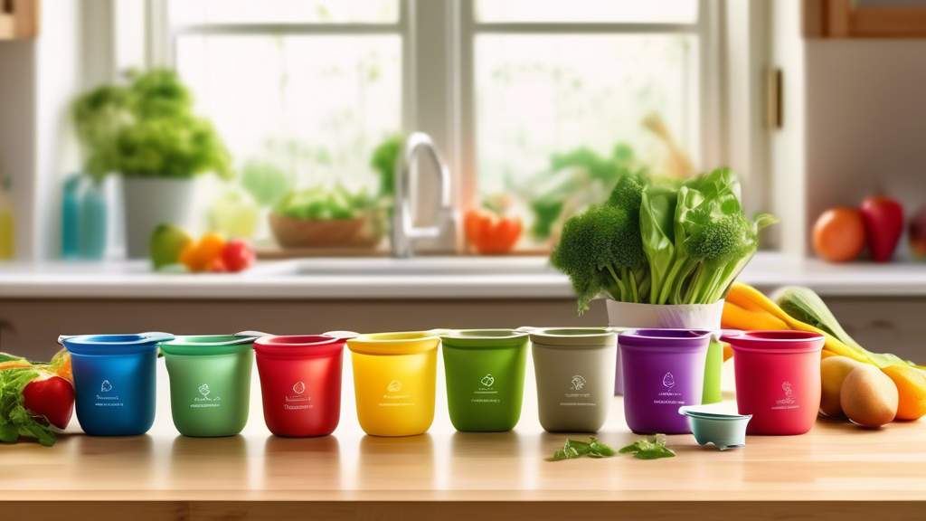 Create an image of five different eco-friendly collapsible measuring cups on a bamboo countertop, surrounded by fresh produce like colorful fruits and vegetables, with soft natural lighting coming through a nearby window. Each measuring cup should be