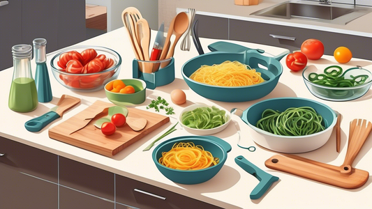 Create an image showing an organized and efficient kitchen with various top kitchen tools for meal prep success, such as sharp knives, cutting boards, meal prep containers, measuring cups, mixing bowls, and a vegetable spiralizer. Display the tools n