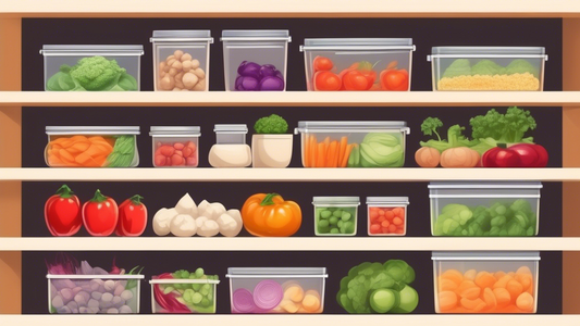 Create an image of a neatly organized pantry shelf filled with various colorful vegetables, arranged in space-saving ways such as using stackable bins, hanging storage racks, and labeled containers. Each type of vegetable should be clearly visible an