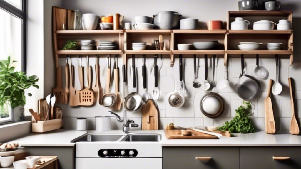 Create an image of a compact and efficient kitchen organization system, showcasing the top 5 space-saving kitchen utensils essential for individuals living in small spaces. Include innovative storage solutions and multipurpose utensils to maximize fu