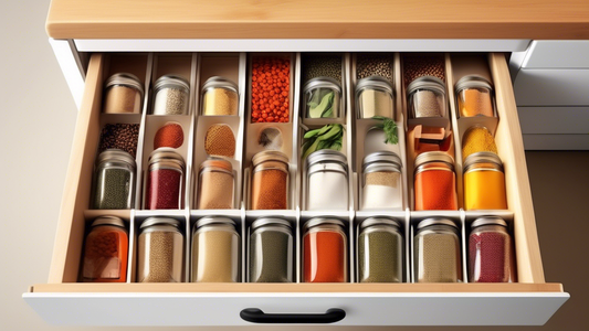 Create an image of a small kitchen drawer with various spices arranged and organized using creative and clever hacks. Show the different organization techniques such as labels, dividers, containers, and other tools to maximize space and efficiency in