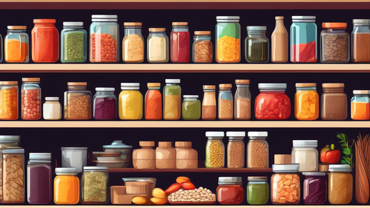 Create an image of a well-organized pantry shelf filled with essential pantry staples for successful meal prep, including cans of beans, jars of spices, bags of grains, and containers of dried fruits and nuts. The image should convey a sense of organ