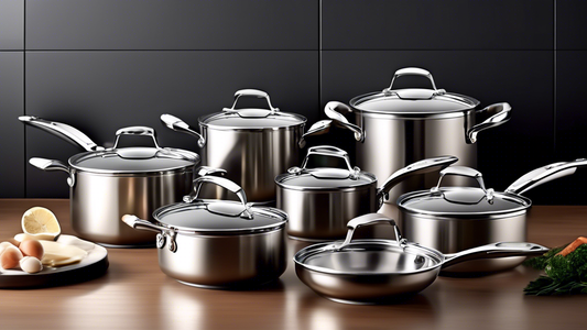 Create an image of a modern stainless steel cookware set with a sleek non-stick coating. Show a variety of pots and pans lined up in a kitchen setting, highlighting the seamless integration of stainless steel and the non-stick surface. Capture the el