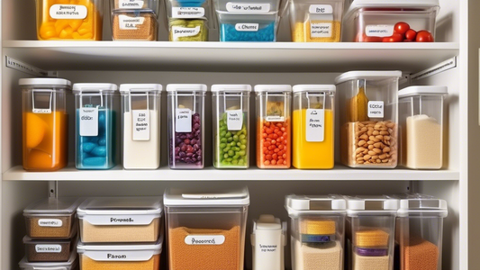 Create an image of a well-organized pantry with clear and easily visible labels on every storage container. Show various types of labeling techniques such as color-coding, alphabetizing, and using clear, large font labels. Ensure the pantry items are