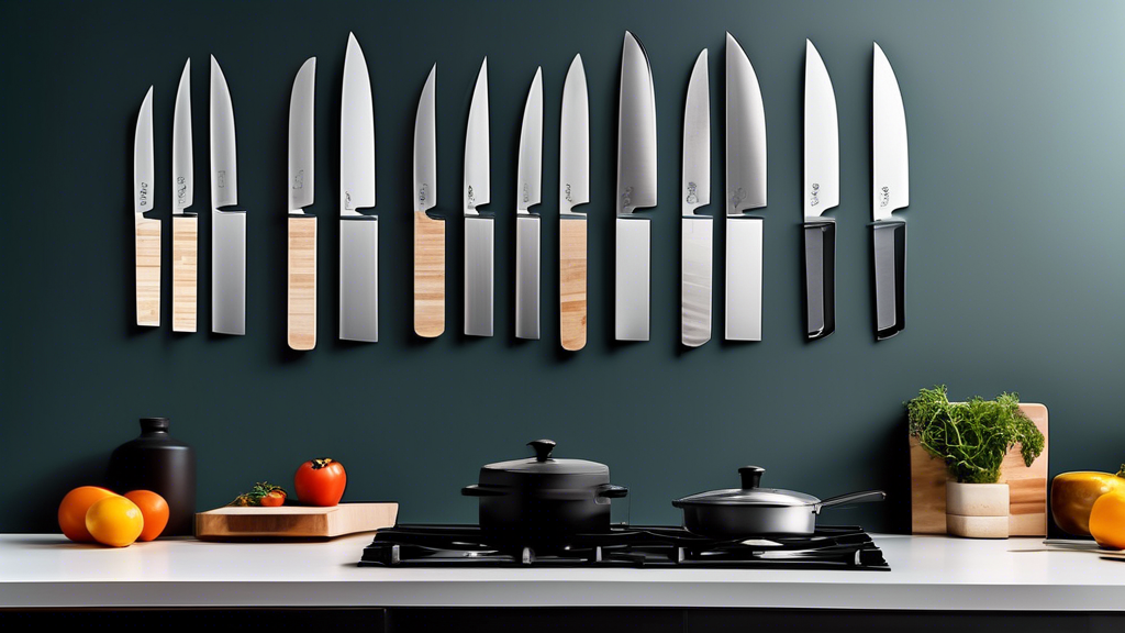 Create an image of a minimalist kitchen wall with seven sleek and stylish magnetic knife strips hanging in a row, each showcasing a different design and color. The strips should be arranged neatly and evenly spaced, adding a touch of modernity and or