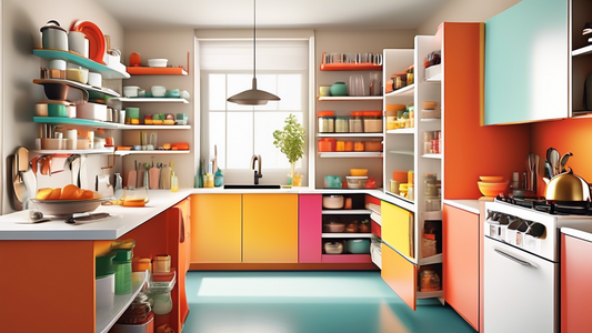 Create an image of a compact kitchen space with innovative storage solutions such as built-in shelving, magnetic spice racks, hanging pot holders, and stackable organizers, showcasing how these essential organizational tools can maximize efficiency a