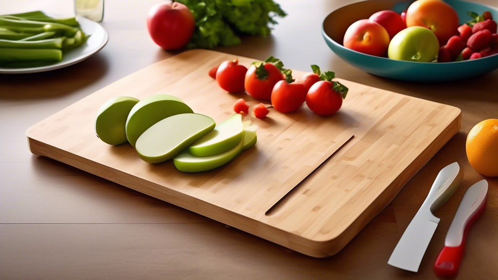 Create an image of a modern, compact cutting board designed to streamline meal prep. The cutting board should be sleek, with a slim profile and foldable features for easy storage. It should be depicted in a kitchen setting, with vibrant fruits and ve