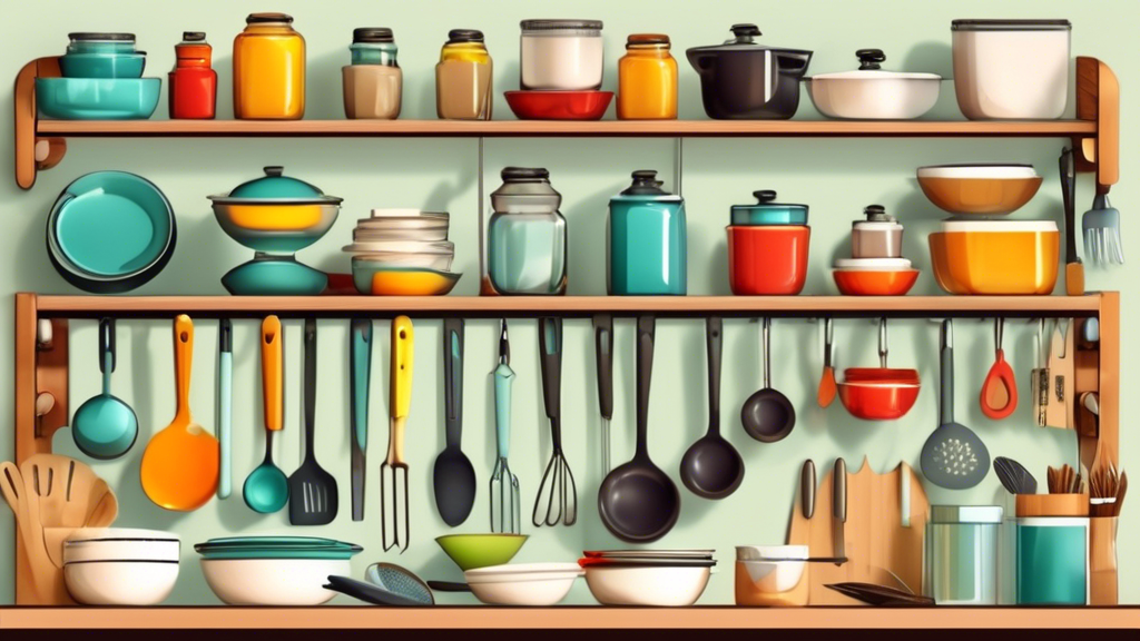 Create an image of a tidy and organized kitchen counter with various kitchen tools neatly arranged in designated spaces, such as hanging racks, drawer dividers, and labeled containers. Show the tools sorted by type and size for easy access and a clut