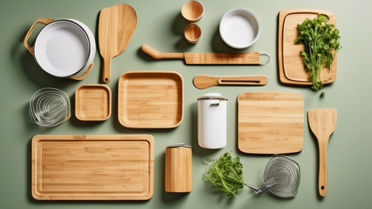 Create an image of a sustainable kitchen set featuring eco-friendly cookware, utensils, and gadgets made from renewable materials such as bamboo, recycled plastic, and stainless steel. Showcase a variety of items like a cutting board, spatula, measur