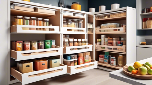 Create an image of a modern, sleek kitchen pantry with under-cabinet storage baskets filled with various pantry items neatly organized, showcasing the best under-cabinet storage baskets for pantry organization. The image should highlight the efficien