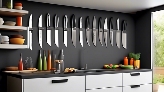 Create an image of a sleek and modern kitchen with a magnetic knife strip holder mounted on the wall, showcasing a collection of knives neatly and securely held in place. The kitchen should appear organized and clutter-free, highlighting the space-sa