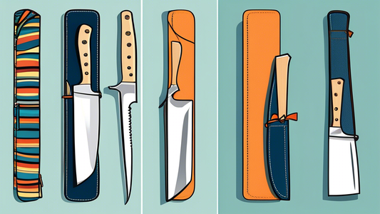 Create an image of a knife bag and a knife roll side by side, showcasing the different features and designs of each. The image should highlight the organization, storage capacity, and ease of access of the knives in both the knife bag and knife roll,