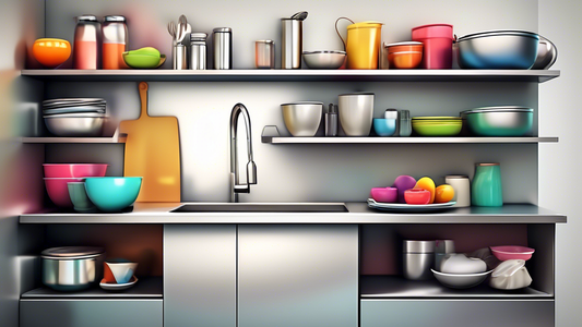 Create an image of a modern kitchen with sleek stainless steel under sink shelves filled with various household items, displaying the durability and functionality of the shelves in a stylish setting.