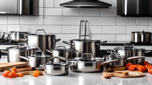Create an image of a variety of high-quality stainless steel cookware sets lined up on a kitchen counter, showcasing their durability and sleek design. Include pots, pans, and lids in different sizes and styles to represent the top 10 picks in this c