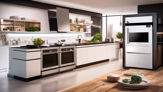 Create an image of a futuristic kitchen with innovative tools and gadgets that revolutionize meal prep. Show off high-tech appliances like a smart fridge, multi-functional cooking robot, self-cleaning cutting board, and all-in-one food processor. Ill
