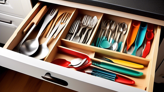 Create an image of a cluttered kitchen drawer filled with various utensils and cutlery. Show an expandable cutlery tray insert being added to the drawer, neatly organizing all the items into separate compartments. The before-and-after effect should h