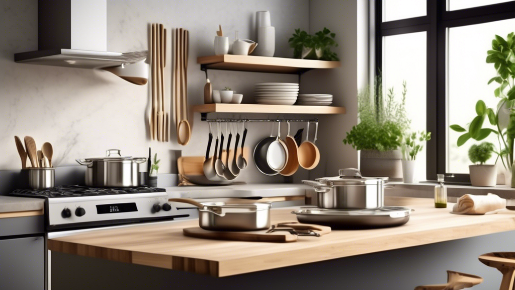 Create an image of a modern and stylish kitchen featuring a set of eco-friendly stainless steel cookware. Show the cookware placed neatly on a countertop or hanging on hooks, highlighting its sleek design and sustainable features. Include elements li