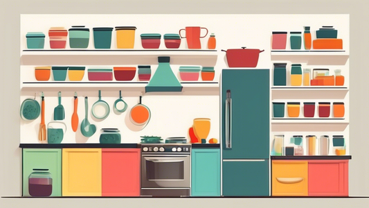 Create an image of a small, cluttered kitchen transformed into an organized and spacious area using various compact storage containers. Show shelves, cabinets, and counters filled with neatly stacked containers, reducing clutter and maximizing space 