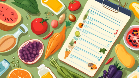 Create an image of a grocery shopping list filled with colorful illustrations representing essential meal planning tools, such as a variety of fruits and vegetables, grains, proteins, and kitchen essentials like olive oil and spices. The list should 