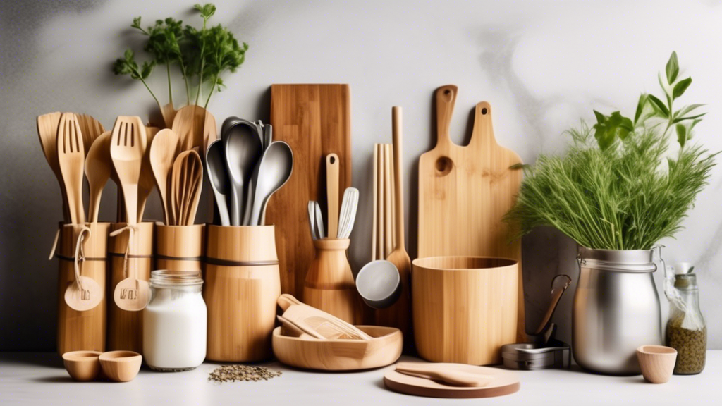 Create an image of a fully stocked and stylized eco-friendly kitchen with sustainable cooking tools such as bamboo utensils, reusable silicone food storage bags, stainless steel straws, and a compost bin. Show how these items can contribute to a more