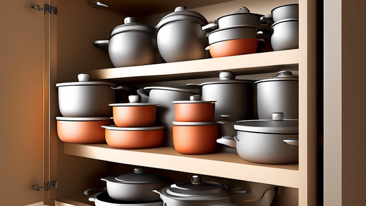 Create an image of a kitchen shelf full of neatly organized pots and pans, showcasing customizable shelf organizers in action. The shelves should be efficiently optimized for storage, with each pot and pan easily accessible and clearly categorized. D