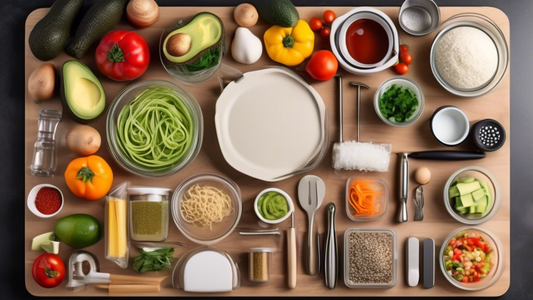 Create an image of a beautifully organized kitchen with essential tools for meal prep laid out neatly on the counter. Include items such as a cutting board, sharp knives, measuring cups and spoons, mixing bowls, a food scale, and various kitchen gadg