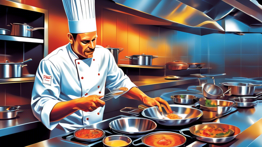 Create an image of a professional chef in a restaurant kitchen, showcasing a set of gleaming stainless steel cookware being used for cooking a gourmet meal. Show the chef confidently preparing a dish while highlighting the durability, heat conductivi