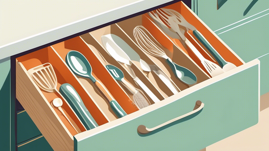 Create an image of a cluttered kitchen drawer filled with various utensils, and then show a neatly organized kitchen drawer with a compact divider separating different sections for utensils such as spatulas, whisks, and spoons. The divider helps to k