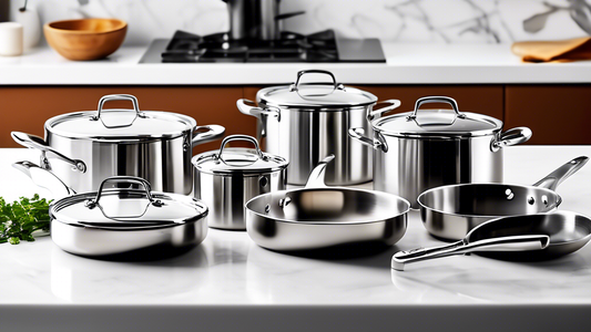 Create an image of a sleek, modern kitchen filled with various top-rated stainless steel cookware sets on the counter, showcasing their durability and style. Make sure the cookware sets include pots, pans, and lids, with each piece looking brand new 