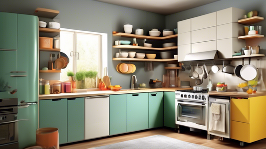 Create an image of a compact kitchen set-up designed for small spaces, featuring cleverly organized and versatile kitchenware such as foldable pots and pans, stackable dishes, and multifunctional cooking tools like a combination toaster-oven-microwav