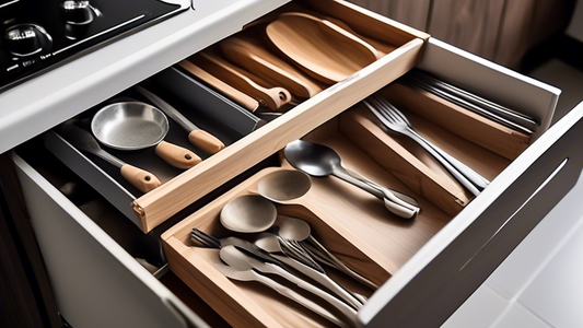 Create an image of a neatly organized kitchen drawer with compact dividers separating utensils, cutlery, and other kitchen tools. The dividers should be sleek and space-saving, showcasing a minimalist and efficient way to keep the drawer organized. T