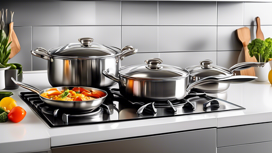 Create an image of a modern kitchen with a stainless steel cookware set placed on a gas stove, showcasing the elegant design and functionality of stainless steel cookware for cooking on gas stoves. Include various pots and pans in the set to highligh