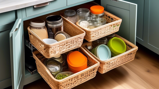 Create an image of a kitchen cabinet door filled with space-saving storage baskets of various sizes and colors, neatly organized to optimize the storage space and keep items easily accessible. The baskets should be designed to hang on the inside of t