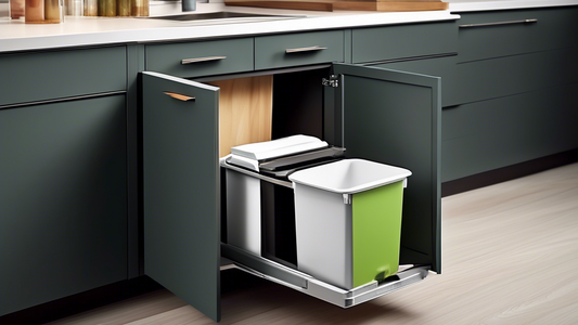 Create an image of a sleek and modern kitchen featuring a slide-out trash can cabinet. The cabinet should be seamlessly integrated into the design of the kitchen, showcasing its convenience and space-saving benefits. The image should highlight the or