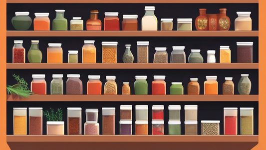 Create an image of a well-organized pantry shelves filled with colorful, stackable spice racks in various shapes and sizes, showcasing a range of spices and herbs neatly arranged on each shelf. Showcasing harmony, order, and functionality in a kitche