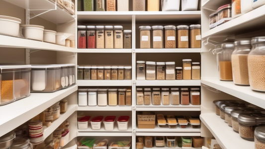 An image of a well-organized pantry with labeled containers, shelves neatly stacked with canned goods, and a variety of storage solutions such as hooks for hanging items, pull-out baskets, and clear bins for easy visibility. The pantry should showcas