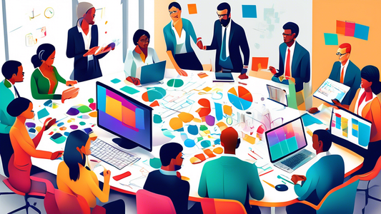 Create an image of a diverse team of professionals collaborating in a modern office setting, using various organizational tools such as digital project management software, color-coded labels, and whiteboards to effectively plan, execute, and track t