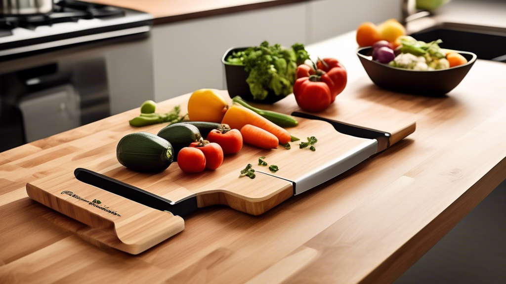 Create an image of a sleek, versatile cutting board designed for efficient meal prep. Show the cutting board being used to slice vegetables, fruits, and meats with ease, showcasing its multifunctional capabilities. Include different sections on the c