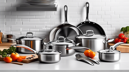 Create an image of a modern kitchen scene featuring a sleek stainless steel cookware set with vibrant silicone handles displayed on a countertop, highlighting their durability and style. The cookware set should include various pots and pans of differ