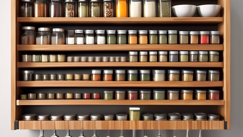 Create an image of a modern kitchen cabinet with a sleek pull-down spice rack fully stocked with various spices and herbs. The cabinet should illustrate optimal organization and storage efficiency, showcasing how the pull-down spice rack maximizes sp