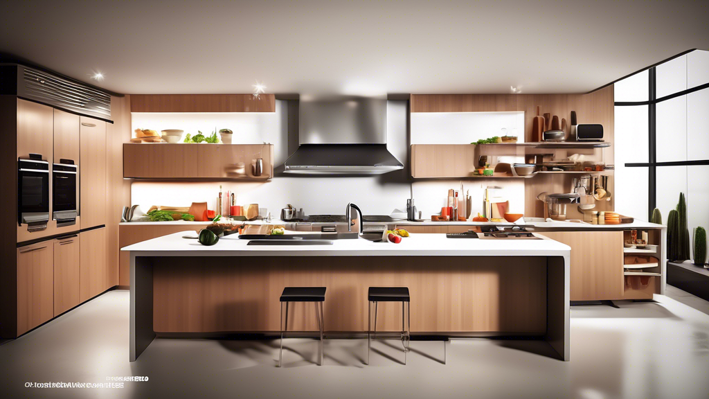 Create an image of a sleek and modern kitchen filled with cutting-edge culinary tools and gadgets, such as smart cooking appliances, high-tech knives, precision scales, and innovative utensils. The kitchen should be well-organized and visually appeal