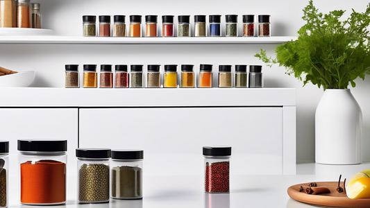 Create an image of a modern kitchen with sleek white cabinets and countertops, featuring a magnetic spice rack filled with various colorful spices neatly organized in a row. The spices are labeled and placed in stylish containers, adding a pop of col