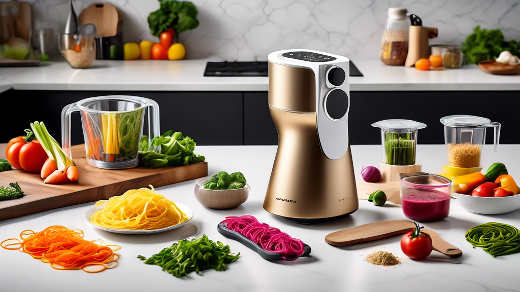 Create an image of a modern, sleek kitchen with various innovative cooking tools displayed on the countertop. Some examples include a spiralizer for making vegetable noodles, an air fryer for healthier frying options, a sous vide immersion circulator