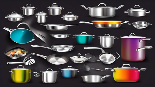 Create an image of a diverse array of stainless steel cookware sets, showcasing their durability and dependability. Include various pots, pans, and utensils with a sleek and modern design, highlighting the high-quality materials and craftsmanship.