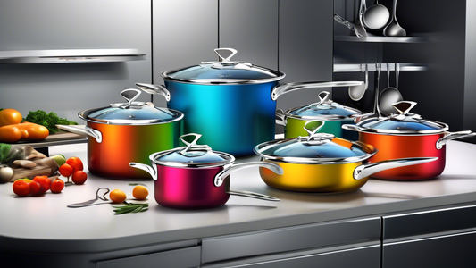 Create an image of a sleek and modern stainless steel cookware set with glass lids, featuring a variety of pots and pans in different sizes and designs. The cookware should be displayed in a well-lit kitchen setting to showcase its elegance and funct